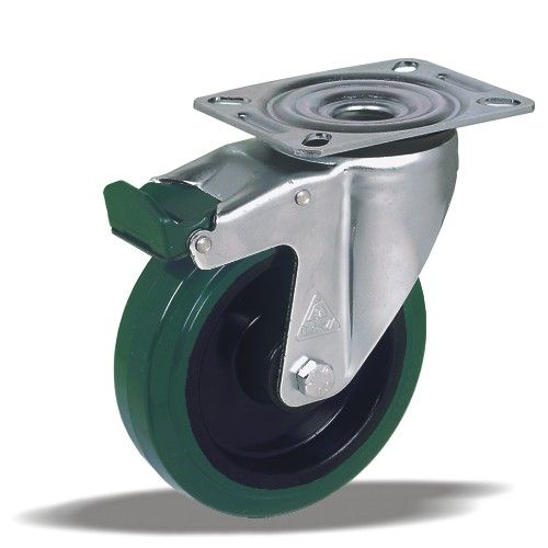 Průmyslová universální kola s elastickým běhounem v otočné vidlici s brzdou