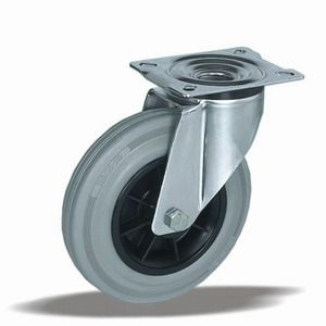 Universální kola s plastovým diskem a šedým pryžovým běhounem v otočné vidlici