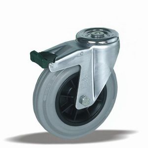 Universální kola s plastovým diskem a šedým pryžovým běhounem v otočné vidlici L12 s brzdou