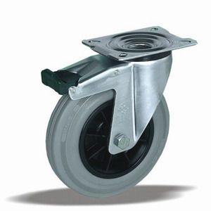 Universální kola s plastovým diskem a šedým pryžovým běhounem v otočné vidlici s brzdou